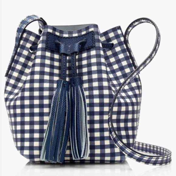 J. Crew Handbags - NWT J. Crew Pebbled Leather Blue Gingham Bucket Bag with Tassles